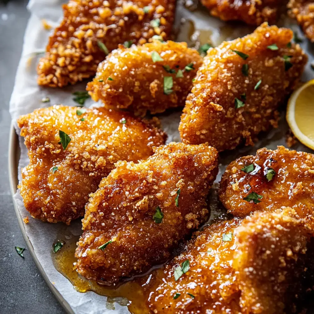 Un plato de pollo dorado y crujiente, cubierto con un glaseado dulce y decorado con hierbas verdes, acompañado de una rodaja de limón.