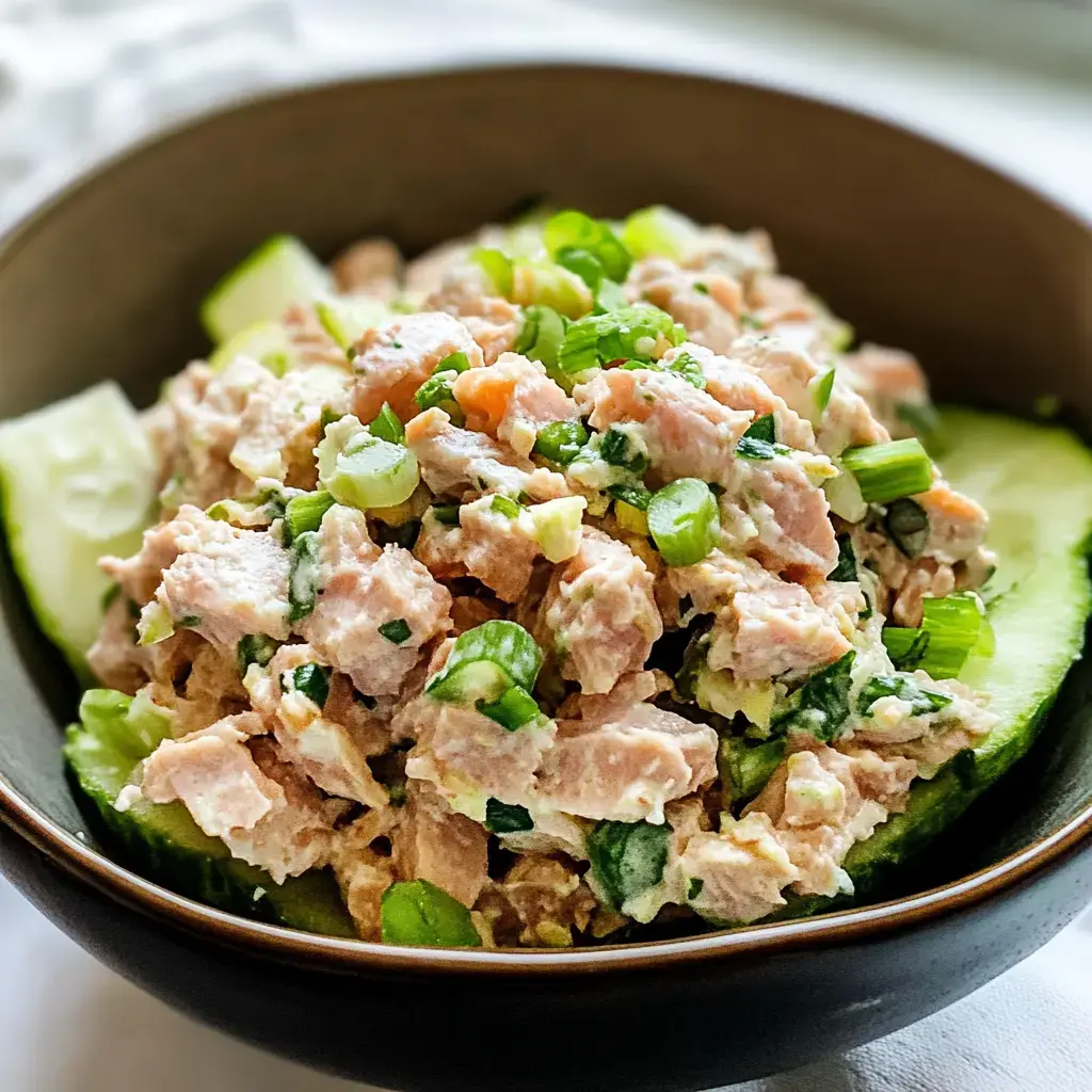 Un bowl con ensalada de atún picada y cebolla verde, sobre rodajas de pepino.
