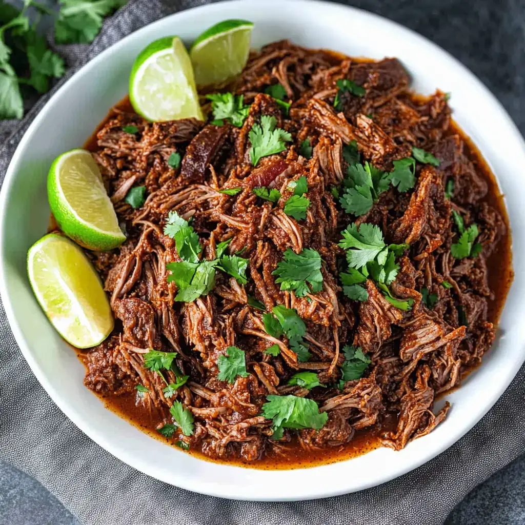Un bowl de carne deshebrada en salsa sabrosa, decorado con cilantro fresco y limas.