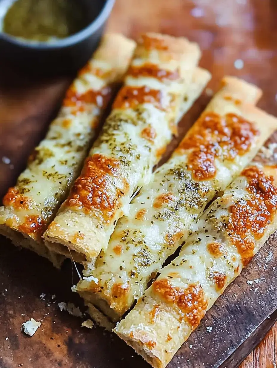 Cuatro barritas de pan con queso cubiertas de hierbas colocadas en una tabla de madera junto a un pequeño cuenco de salsa para mojar.