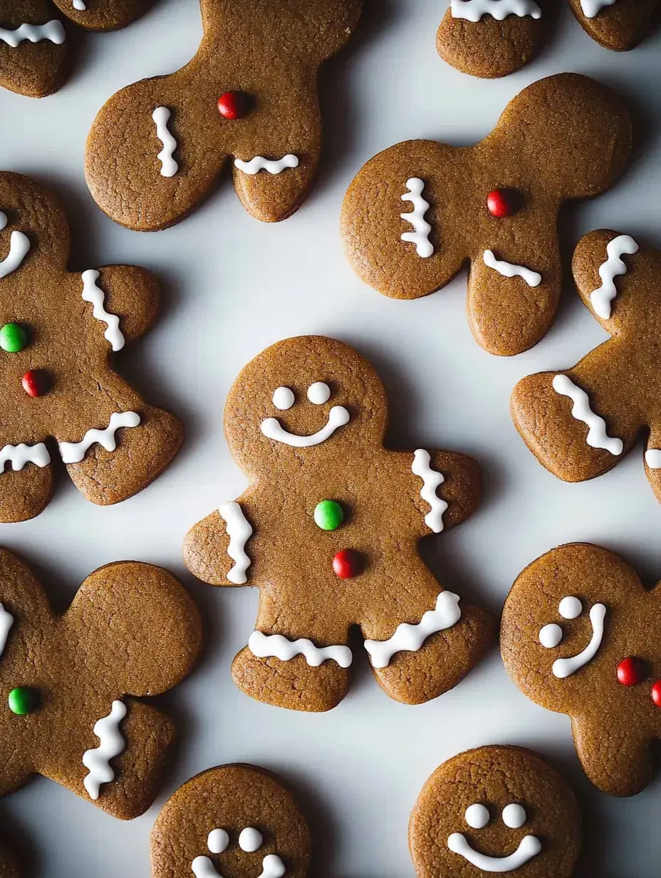 Un surtido de galletas de jengibre decoradas, con caritas sonrientes y glasa de colores, puestas sobre una mesa clara.