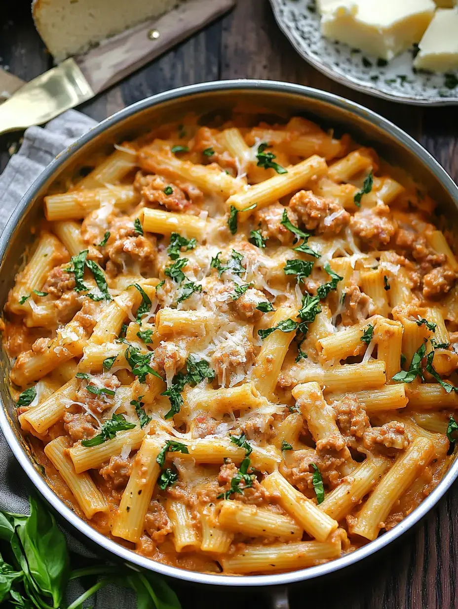 Sartén con rigatoni cremoso, carne picada, hierbas frescas, acompañado de rebanadas de pan y mantequilla.