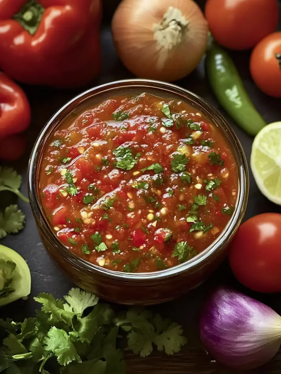 Un frasco de salsa fresca rodeado de varios vegetales, como tomates, cebolla, pimientos y cilantro, sobre una superficie oscura.