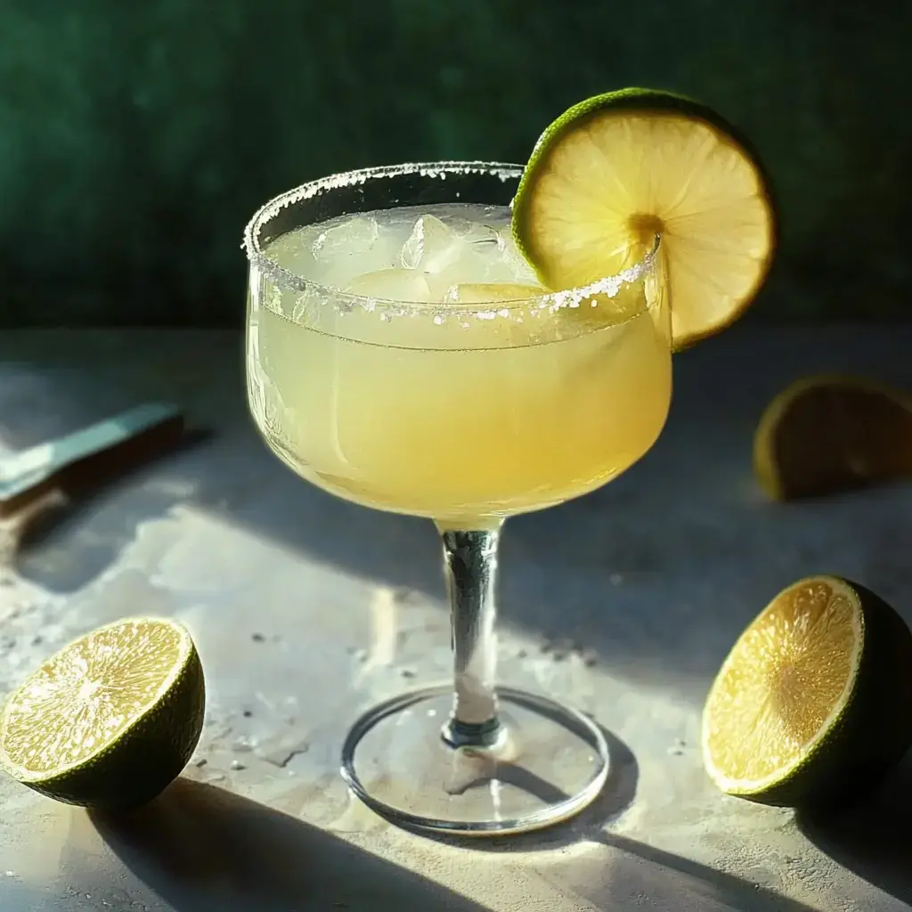 Una margarita helada decorada con rodaja de limón y hielo, rodeada de limones partidos sobre una mesa rústica.
