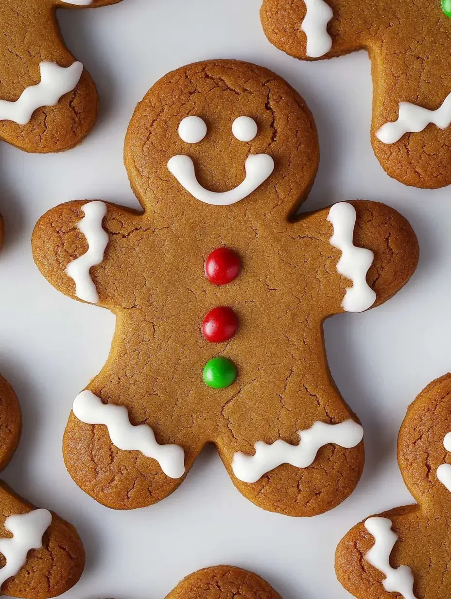 Un primer plano de galletas de jengibre con forma de muñecos, todas sonrientes y con botones de caramelos de colores.