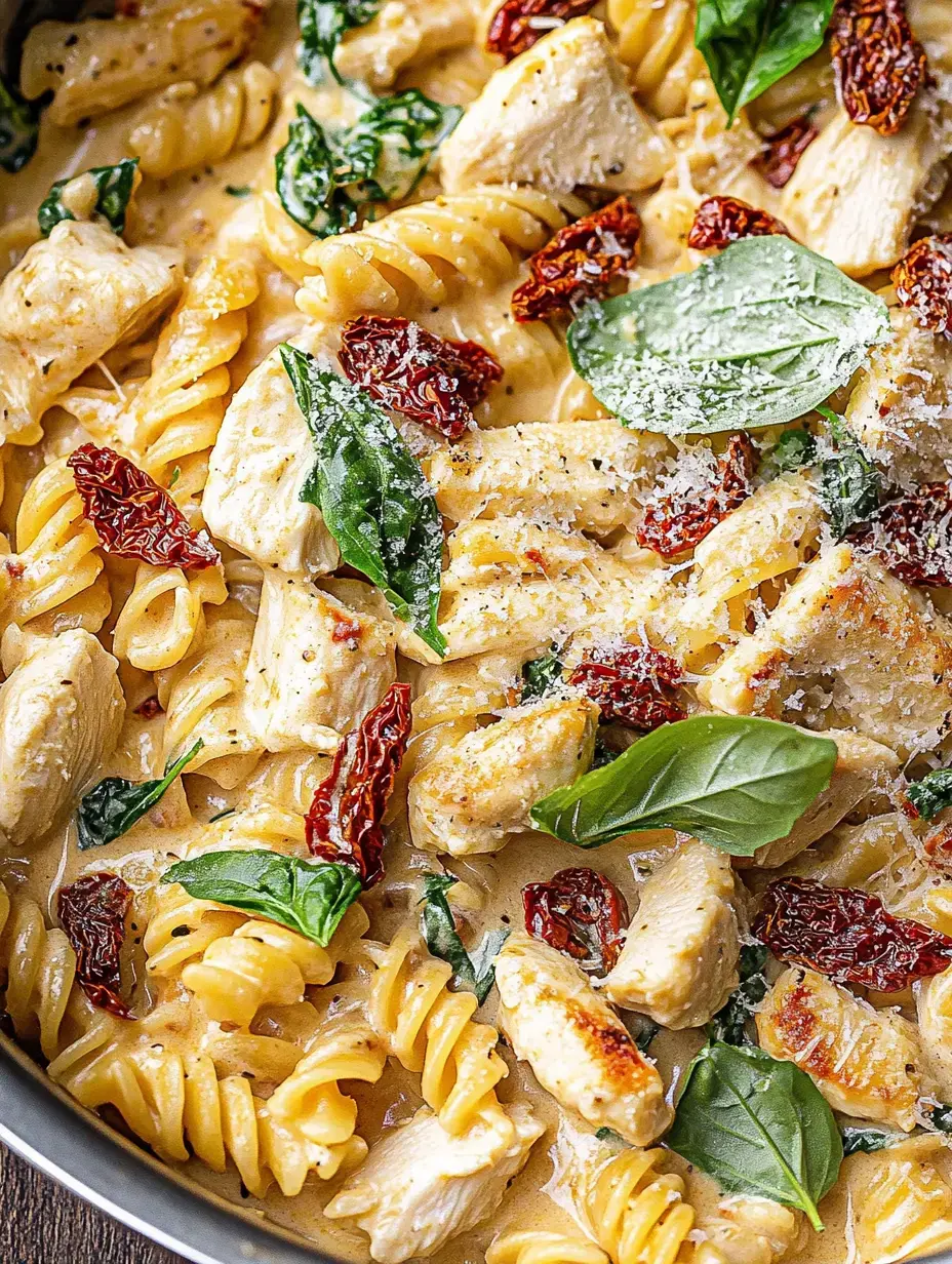 Un plato de pasta cremosa con rotini, pollo a la plancha, espinaca y tomate seco, con albahaca fresca y queso por encima.