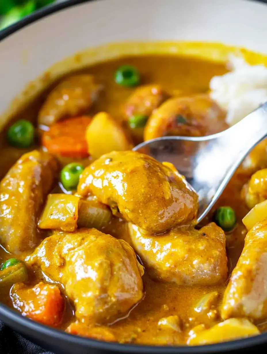 Un primer plano de un sabroso plato de curry con pollo, verduras y una cuchara, servido en un cuenco.