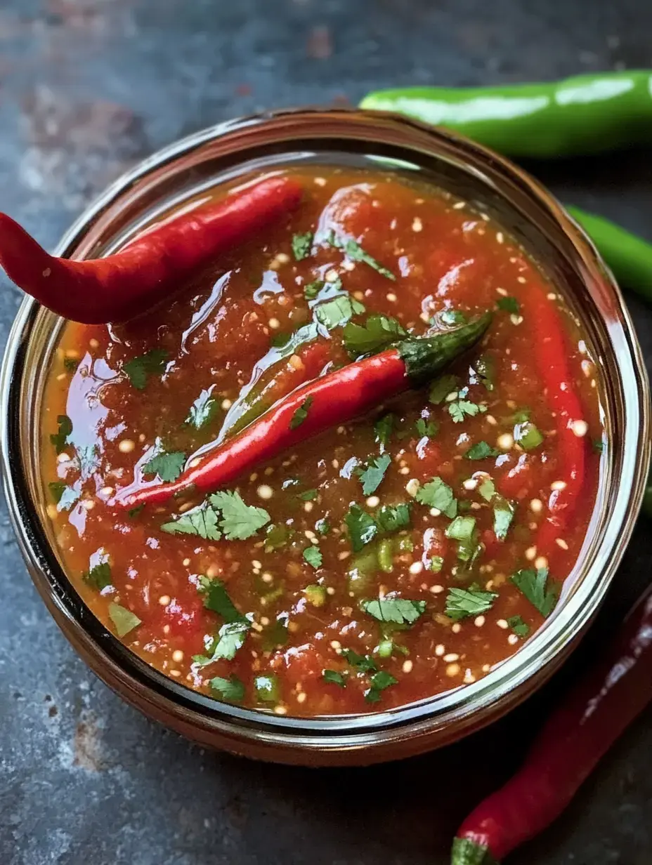 Un frasco de vidrio con salsa roja picante, con cilantro fresco y chiles enteros encima, está sobre una superficie oscura.