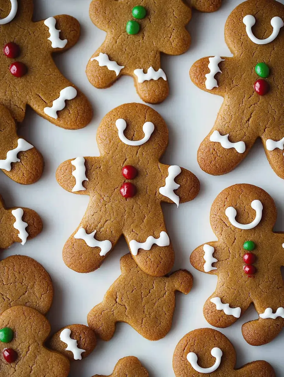 Un grupo de galletas de jengibre con formas de muñeco, decoradas con glasa colorida y caramelos.