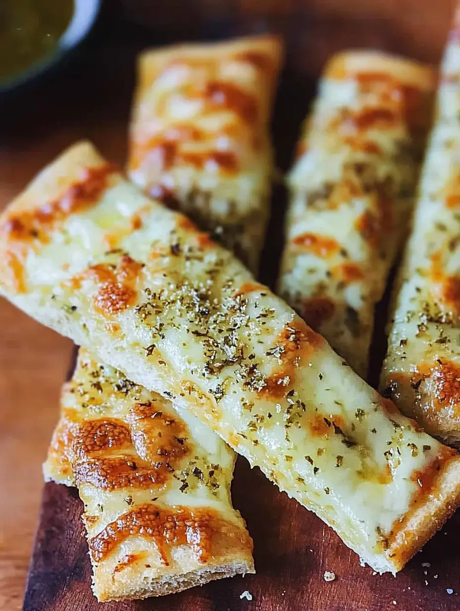 Un primer plano de barritas de pan con queso dorado cubiertas de hierbas, servidas en un plato de madera junto a un pequeño cuenco de salsa verde.