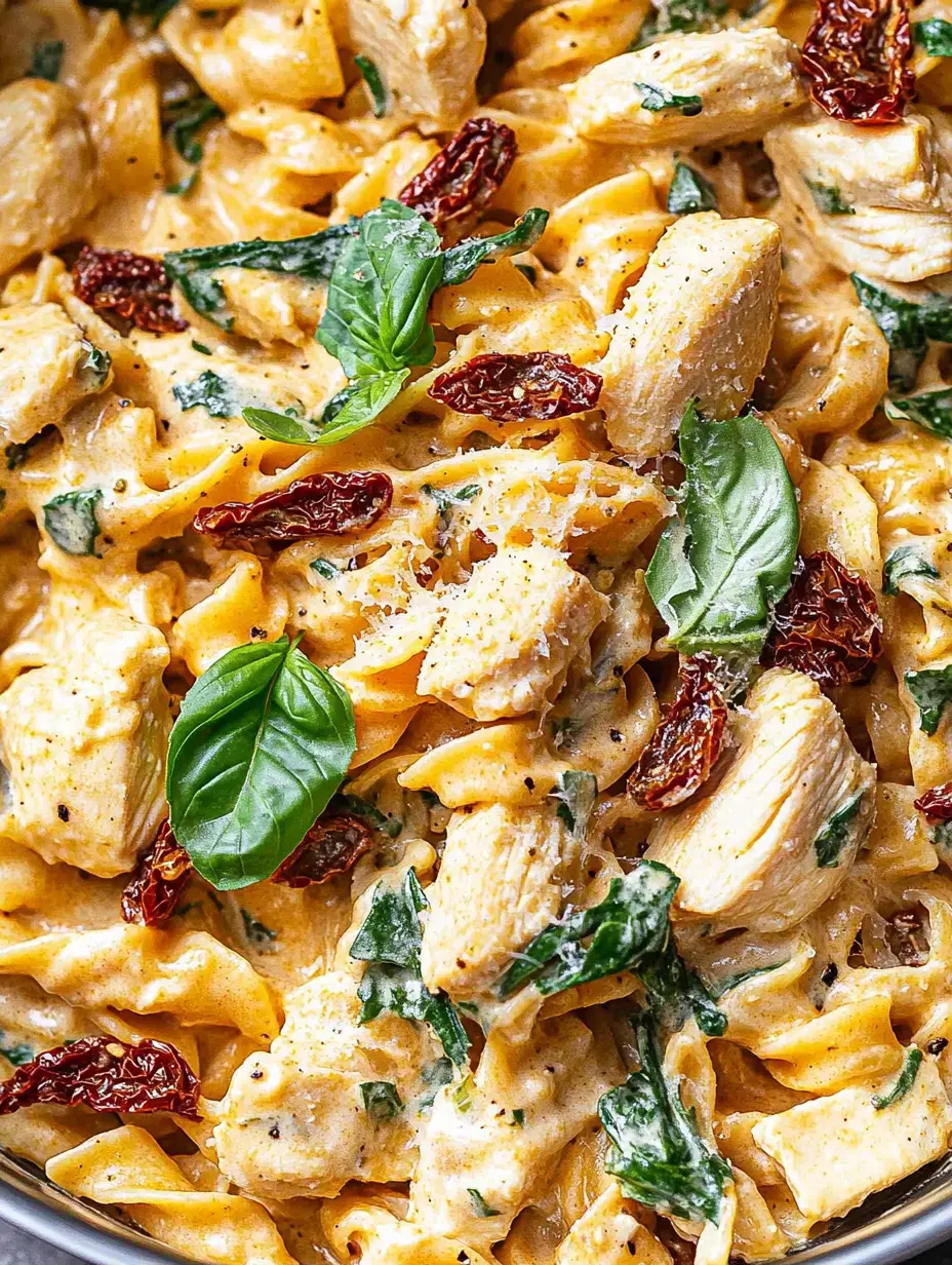 De cerca, pasta cremosa con pollo, tomates secos y albahaca fresca todo mezclado en un bol.