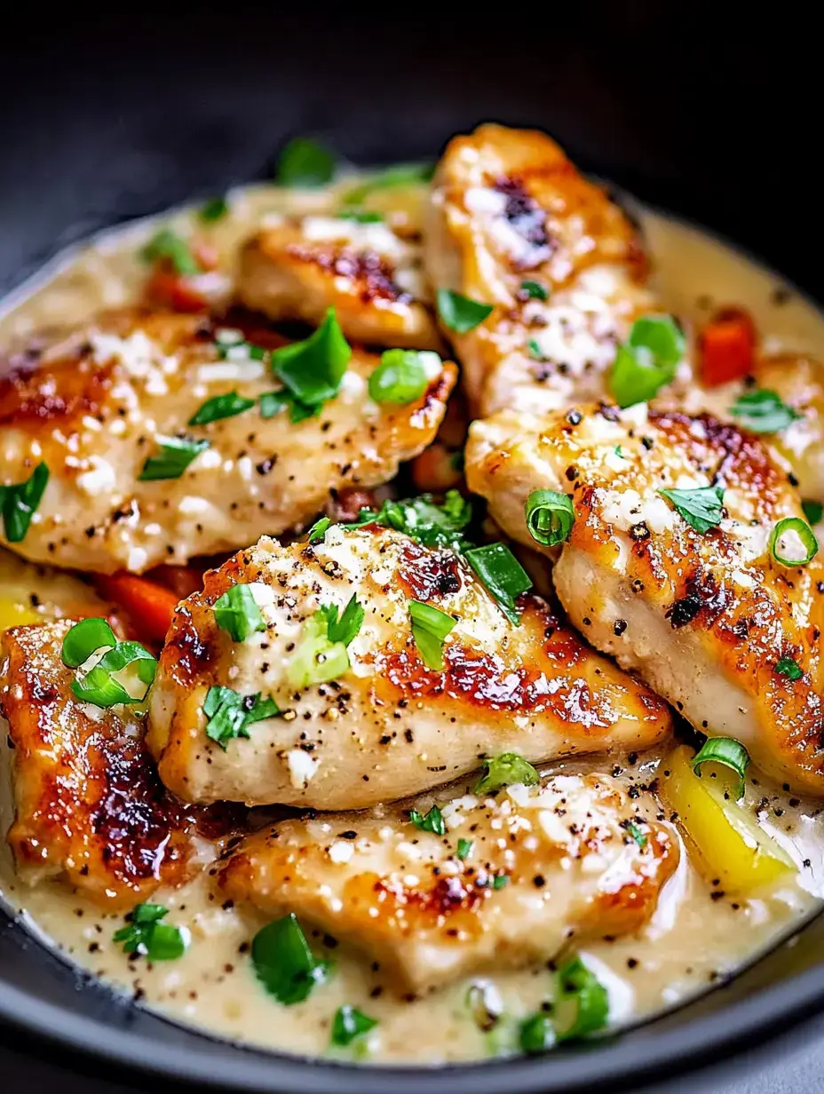 Un bol con trozos de pollo salteados en salsa cremosa, decorado con cebolletas picadas y verduras coloridas.