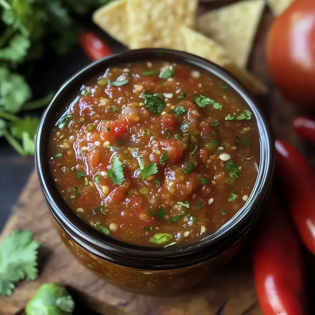Un frasco de salsa con cilantro fresco encima, rodeado de totopos, tomates y chiles.
