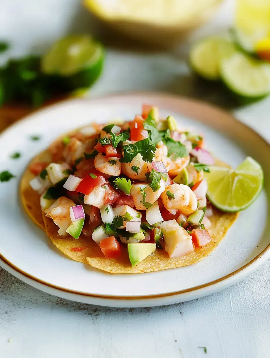 Un plato colorido con un taco crujiente cubierto de ceviche de camarón, jitomate, cebolla, aguacate, cilantro fresco y unas rodajas de limón al lado.