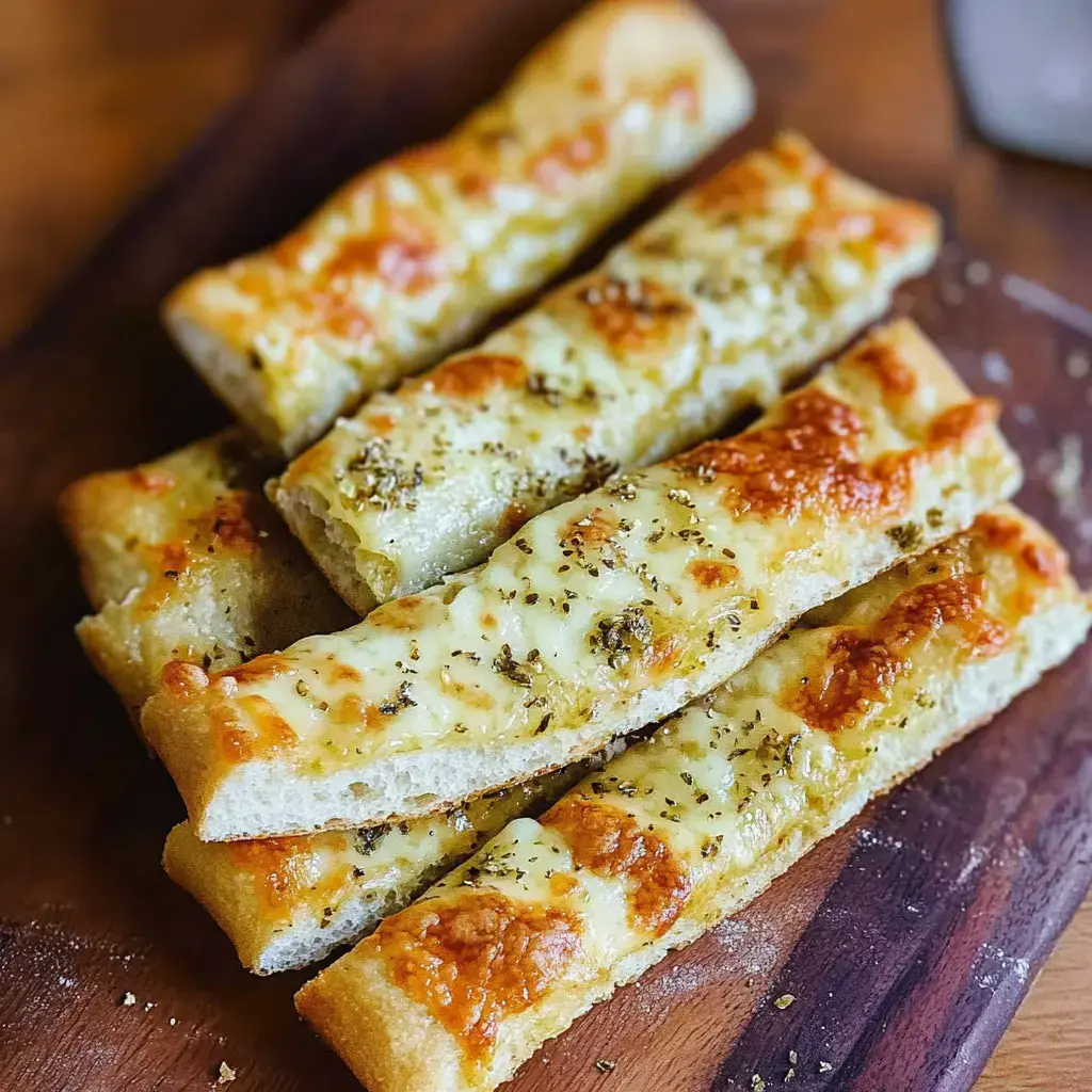 Un plato de barritas de pan con queso y hierbas ordenadamente colocadas en una tabla de madera.