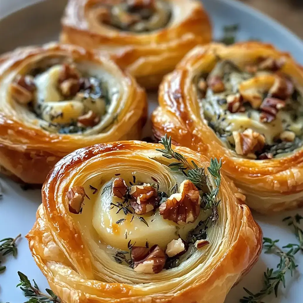 Detalle de espirales dorados de hojaldre, con nuez y hierbas frescas, servidos en un plato blanco.