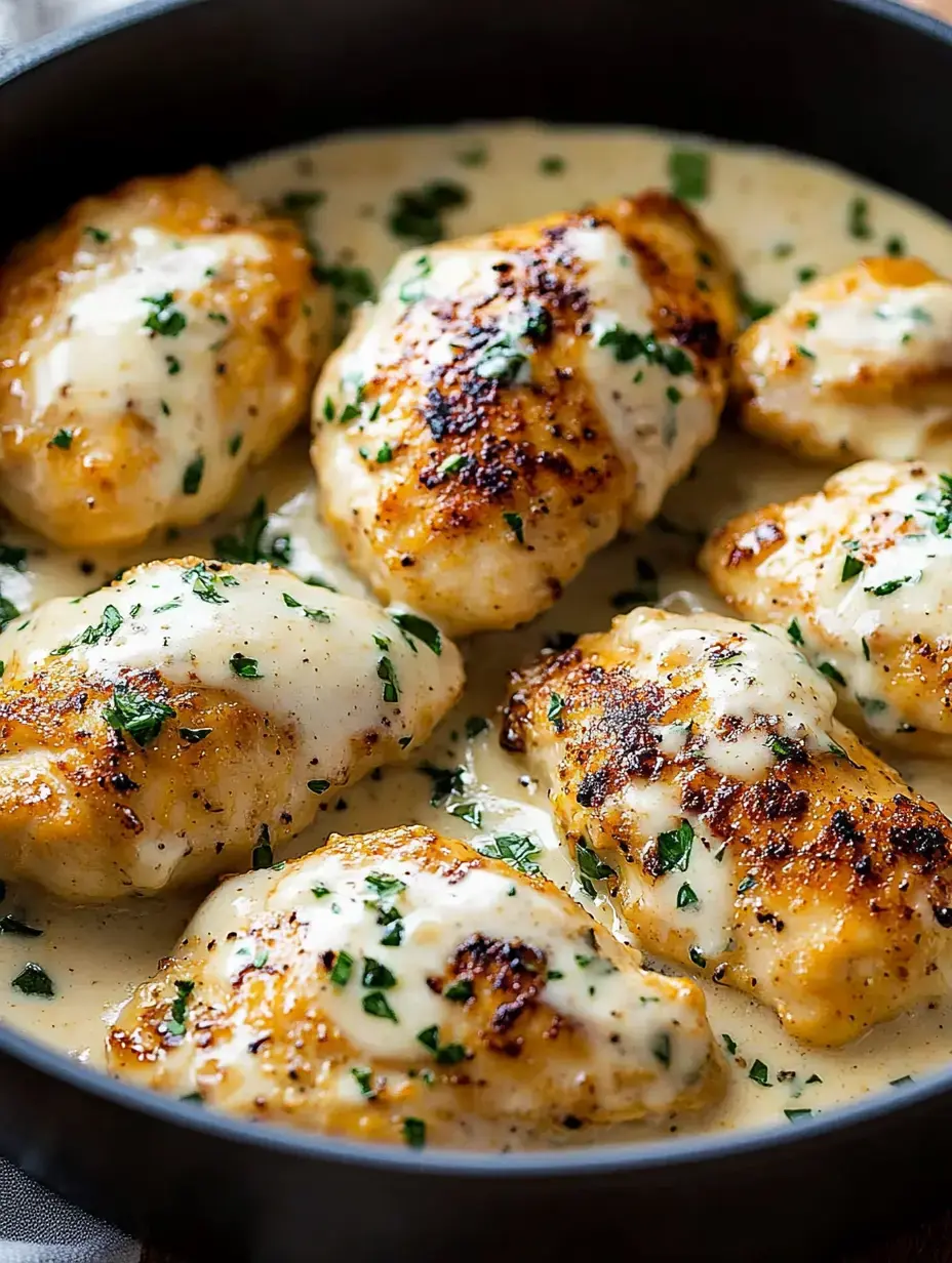 Un primer plano de pechugas de pollo doradas en salsa cremosa, adornadas con perejil fresco, servidas en una sartén.