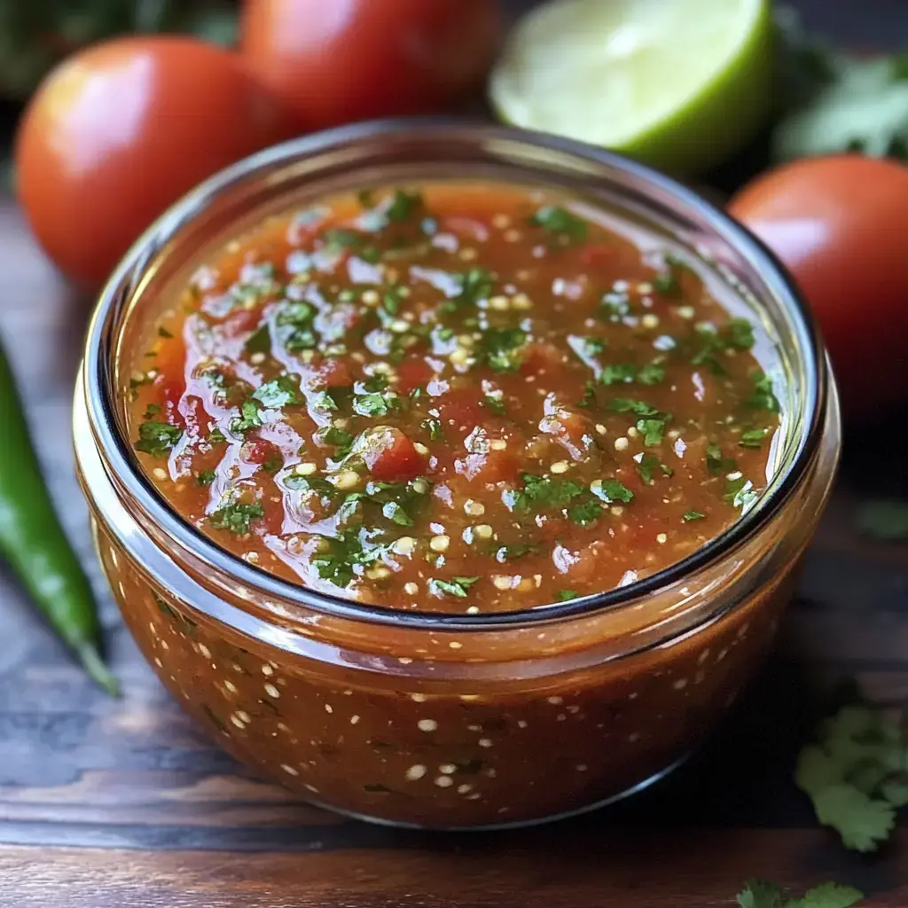 Un frasco de vidrio con salsa vibrante, decorada con cilantro picado, sobre una mesa de madera rodeada de tomates y lima fresca.