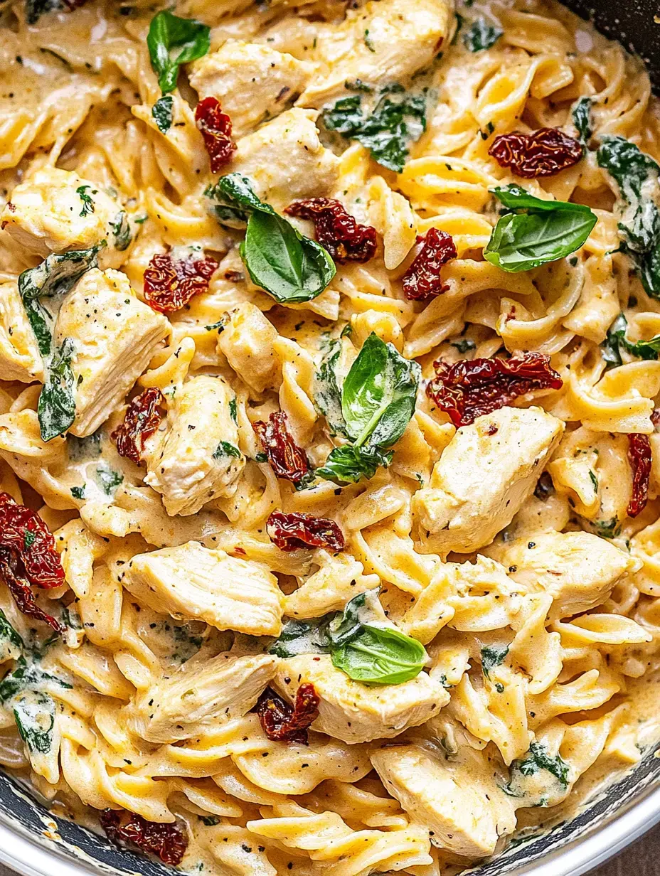 Vista de cerca de fusilli cremoso con pollo, espinaca, tomates secos y albahaca fresca.
