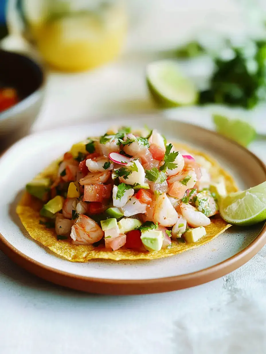 Ceviche de mariscos colorido con verduras y cilantro encima, servido sobre una tortilla dorada y un gajo de limón al lado.
