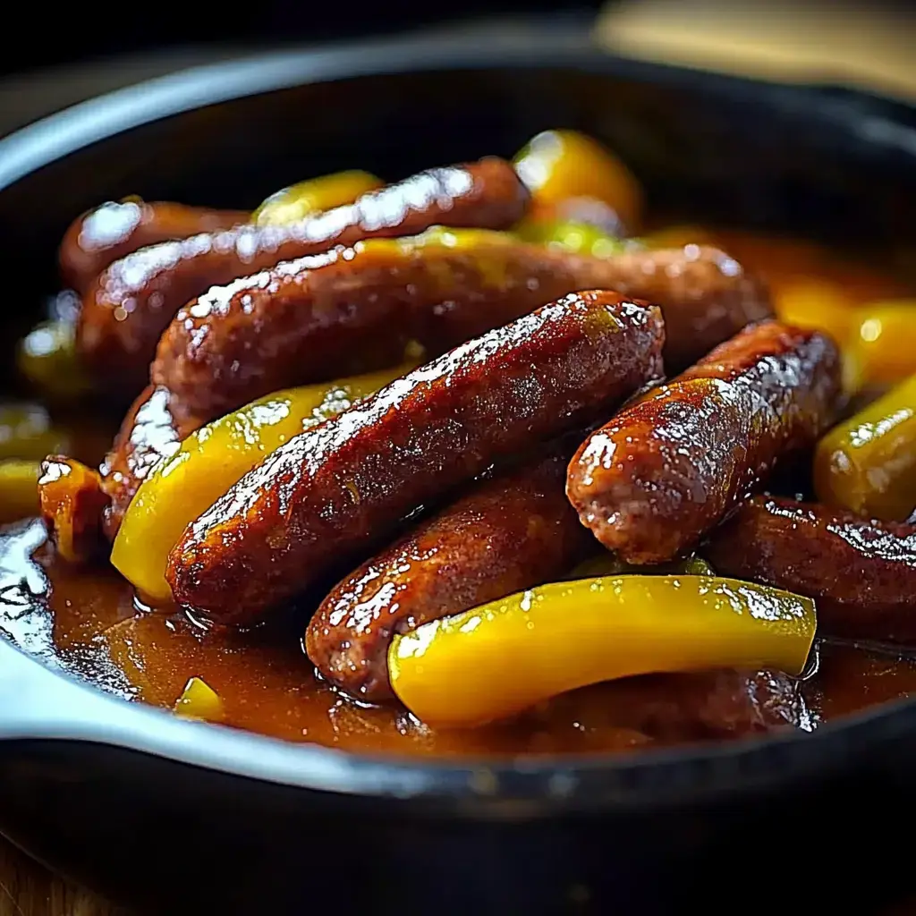 Salchichas con glaseado y tiras de pimiento amarillo en sartén de hierro.