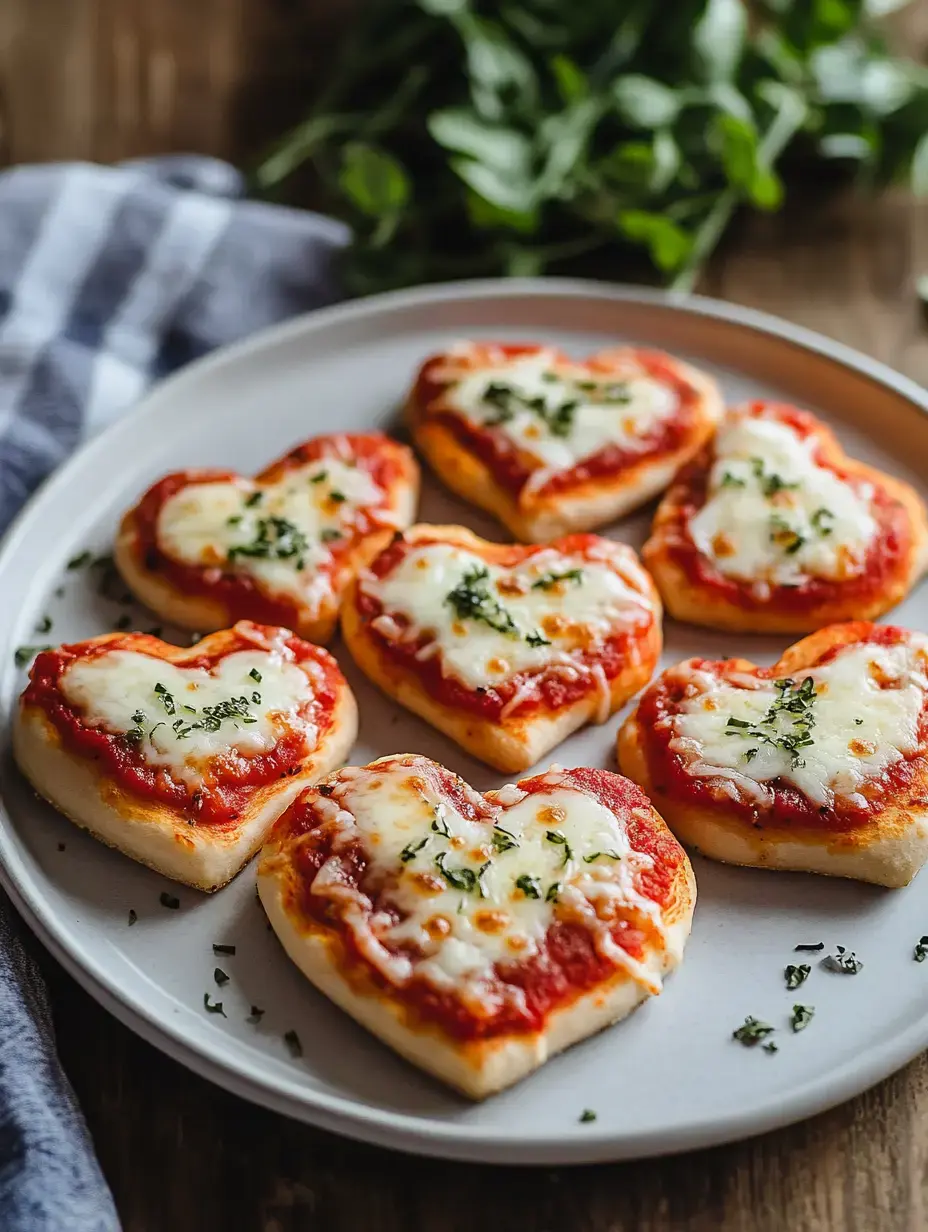 Un plato de minipizzas en forma de corazón cubiertas con salsa de tomate, queso derretido y espolvoreadas con hierbas.