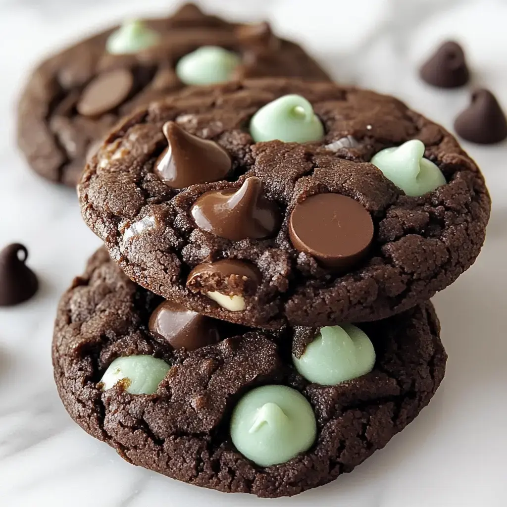 Montoncito de galletas de chocolate con chips verdes y marrones sobre mármol.