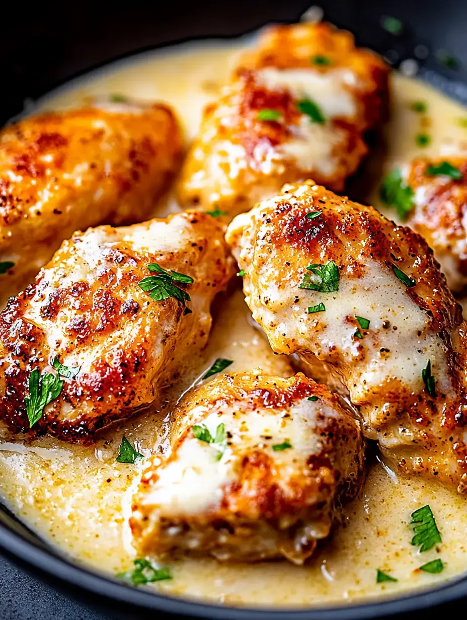 Un primer plano de trozos de pollo dorados y gratinados con queso, adornados con perejil en una salsa cremosa.