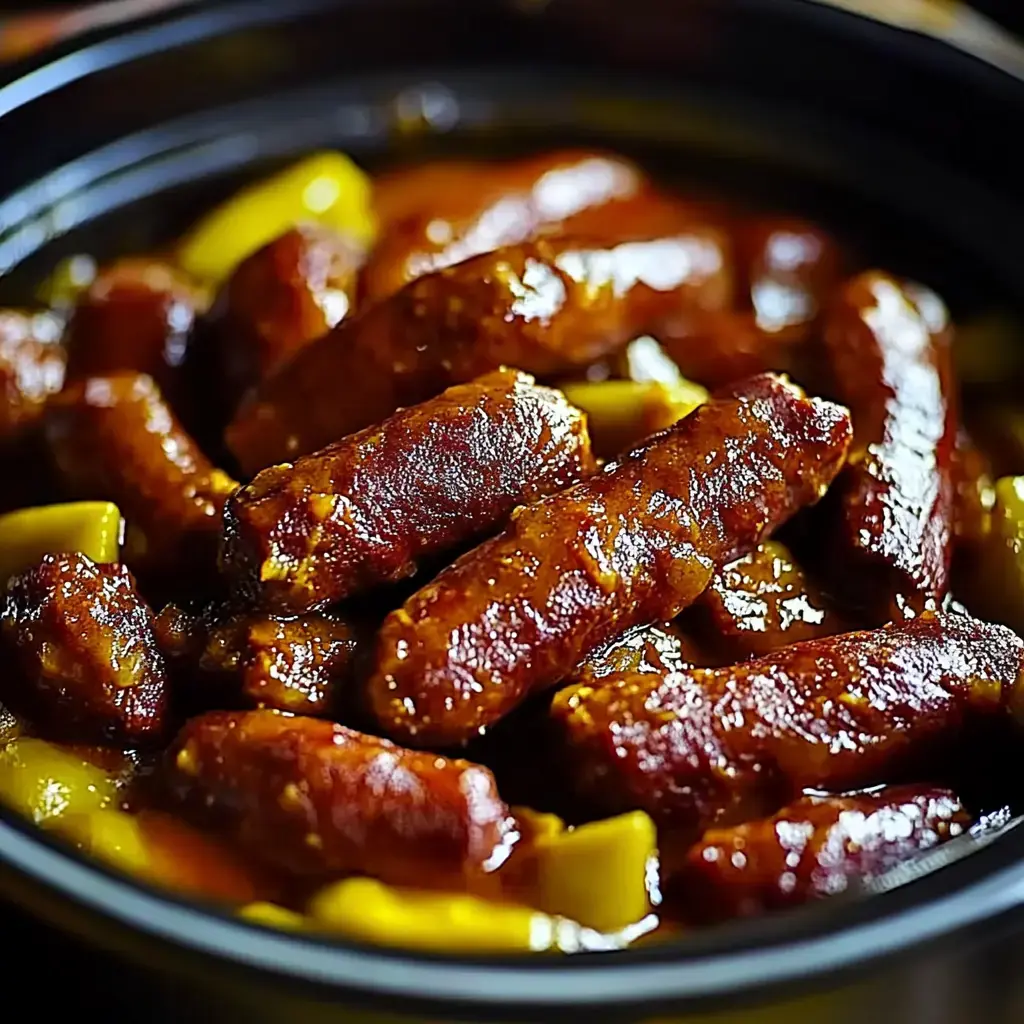 Salchichas cocidas en salsa con pimientos amarillos, bien cubiertas y jugosas.