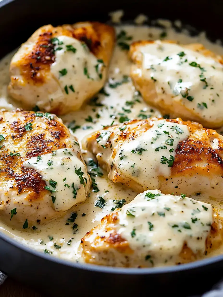 Una sartén llena de pechugas de pollo doradas bañadas en salsa blanca cremosa y adornadas con perejil picado.
