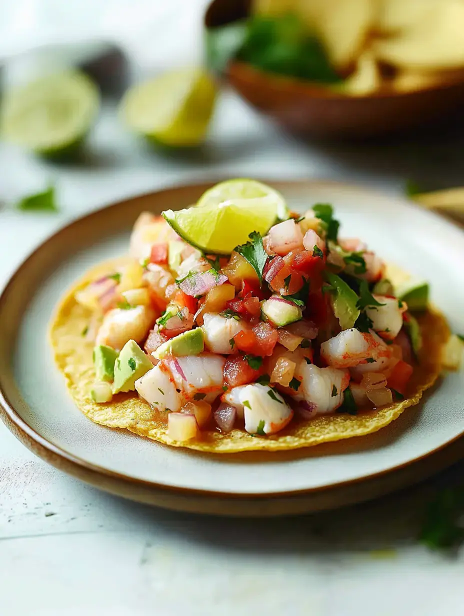 Porción vistosa de ceviche de camarón con jitomate, aguacate y cilantro en tostada crujiente con un gajo de limón.