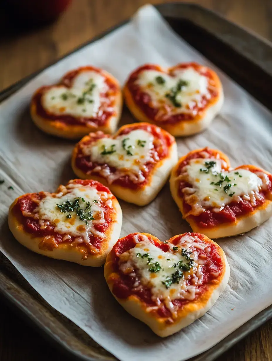 Una bandeja de pizzas en forma de corazón cubiertas con salsa de tomate, queso derretido y hierbas sobre papel de hornear.