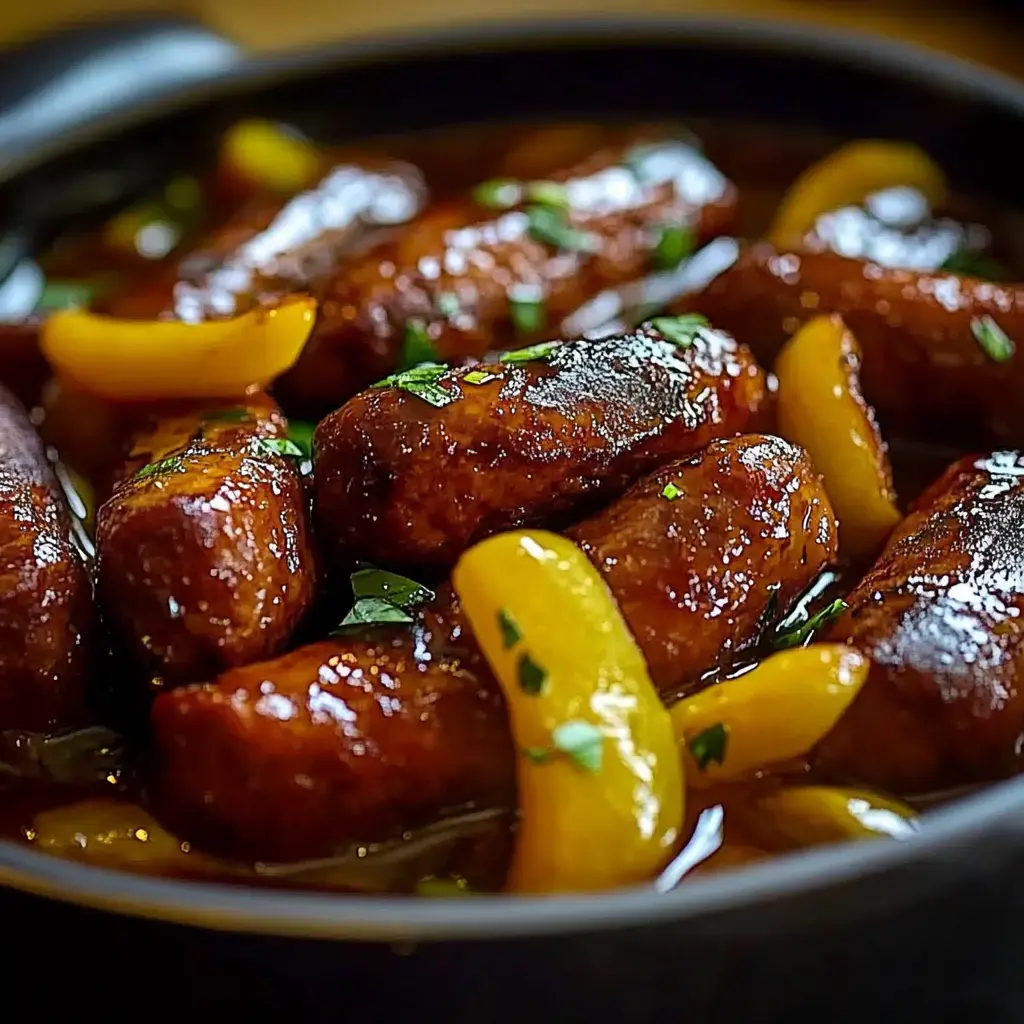 Salchichas doradas con hierbas frescas y pimientos amarillos en tazón oscuro.