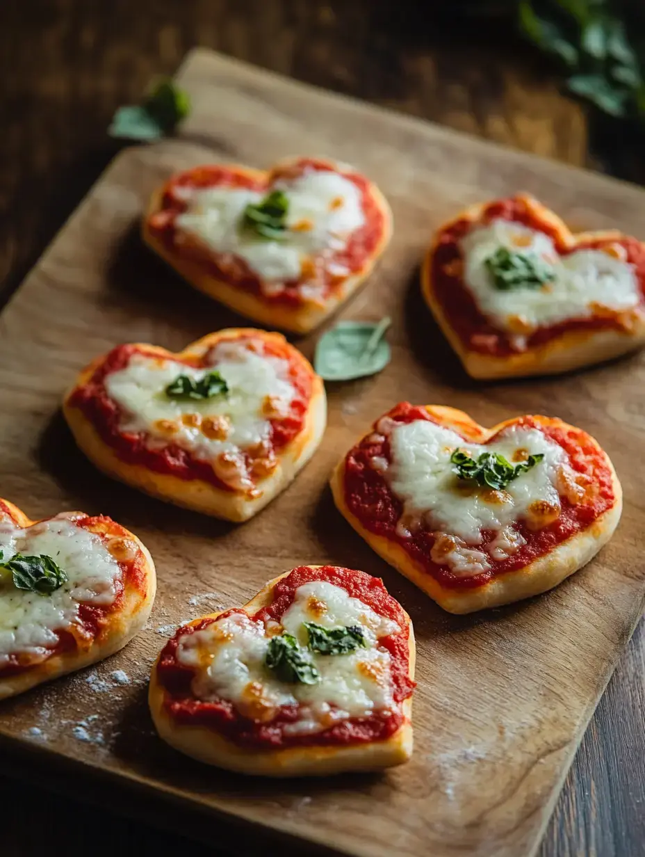 Pizzas en forma de corazón cubiertas con queso y salsa de tomate están dispuestas en una tabla de cortar de madera.