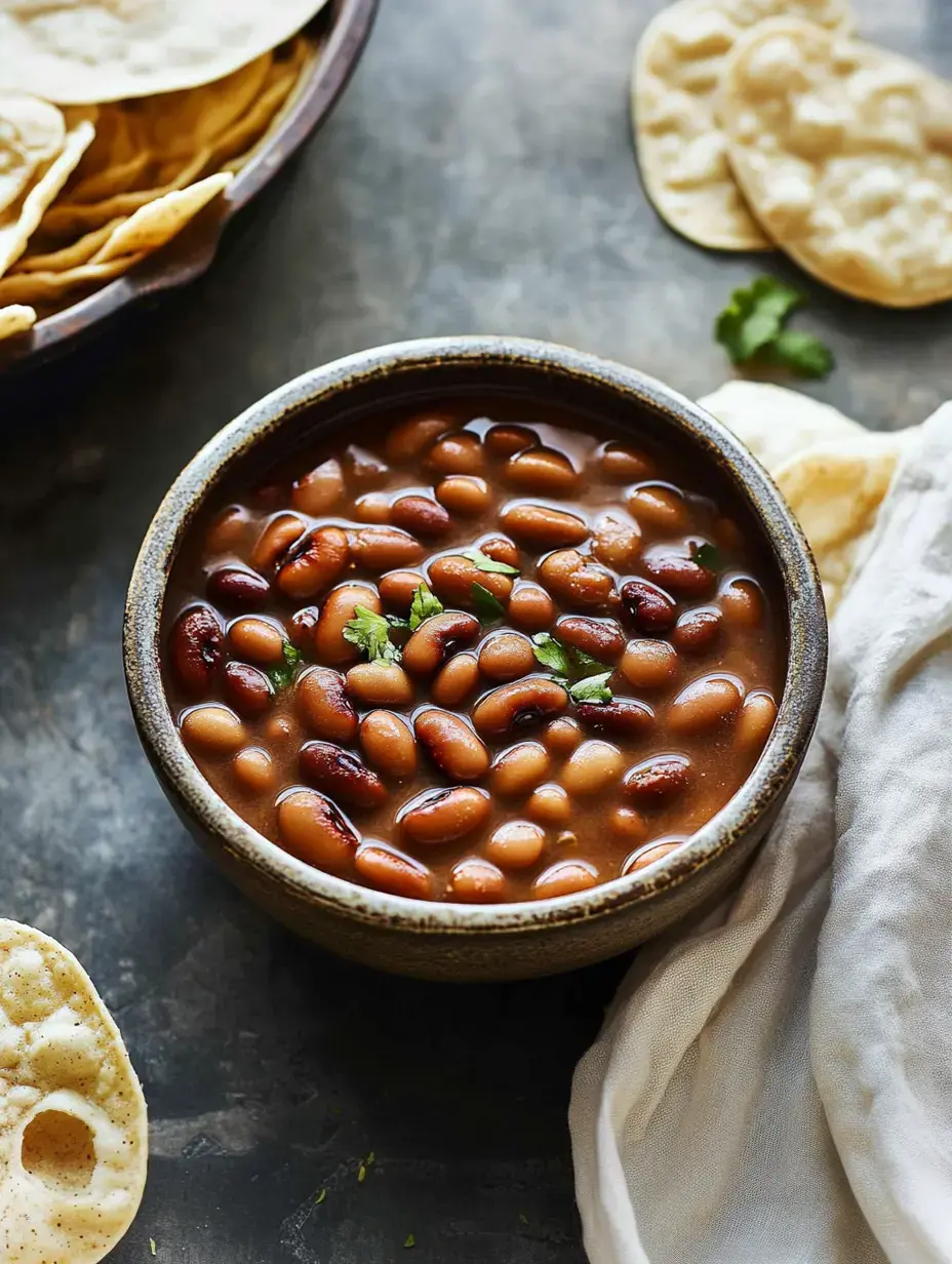 Un plato de frijoles cocidos con cilantro por encima, junto a unas botanas crujientes, sobre una mesa rústica.