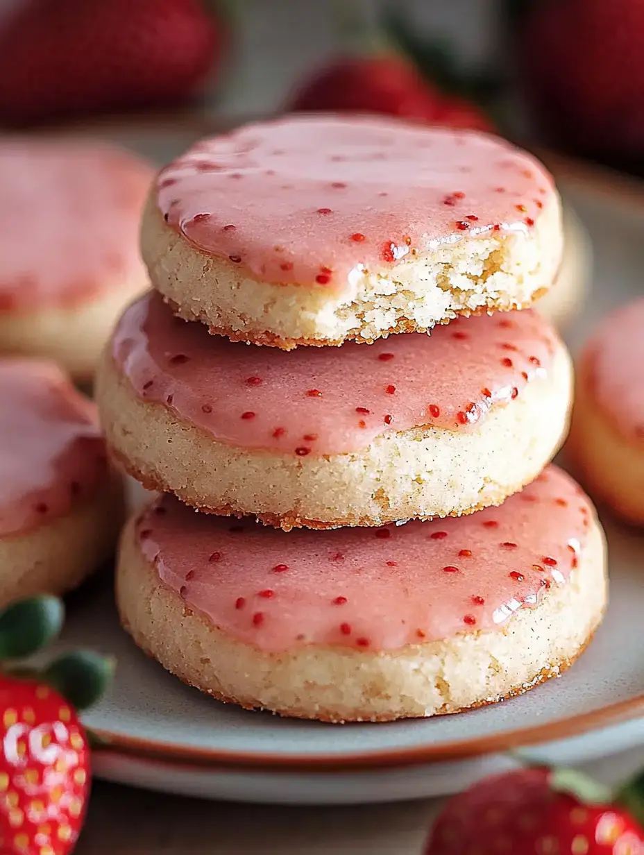 Tres galletas redondas apiladas con glaseado rosa y trocitos rojos, rodeadas de fresas frescas.