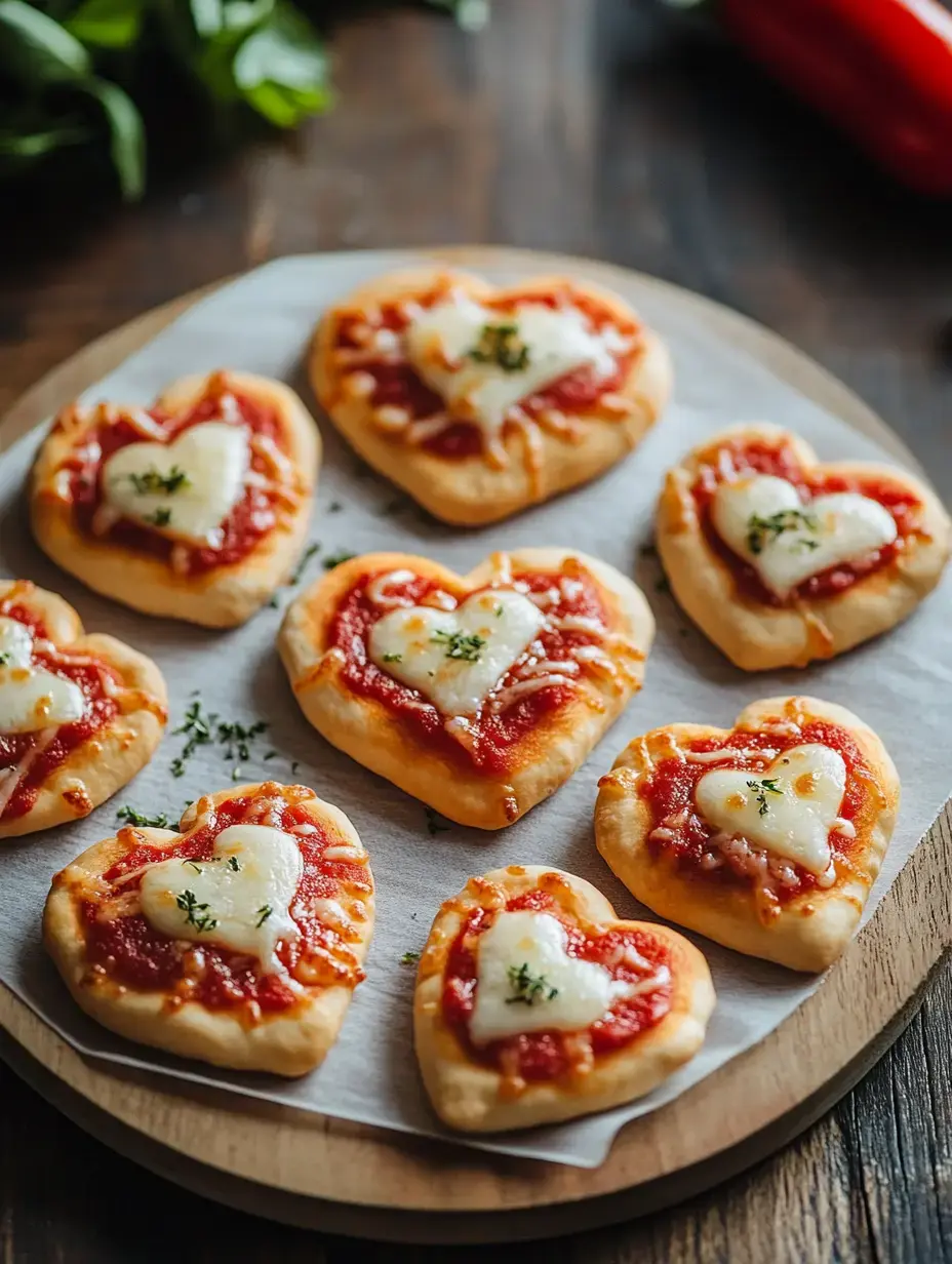 Una bandeja de madera sostiene minipizzas en forma de corazón cubiertas con salsa de tomate, queso y hierbas.