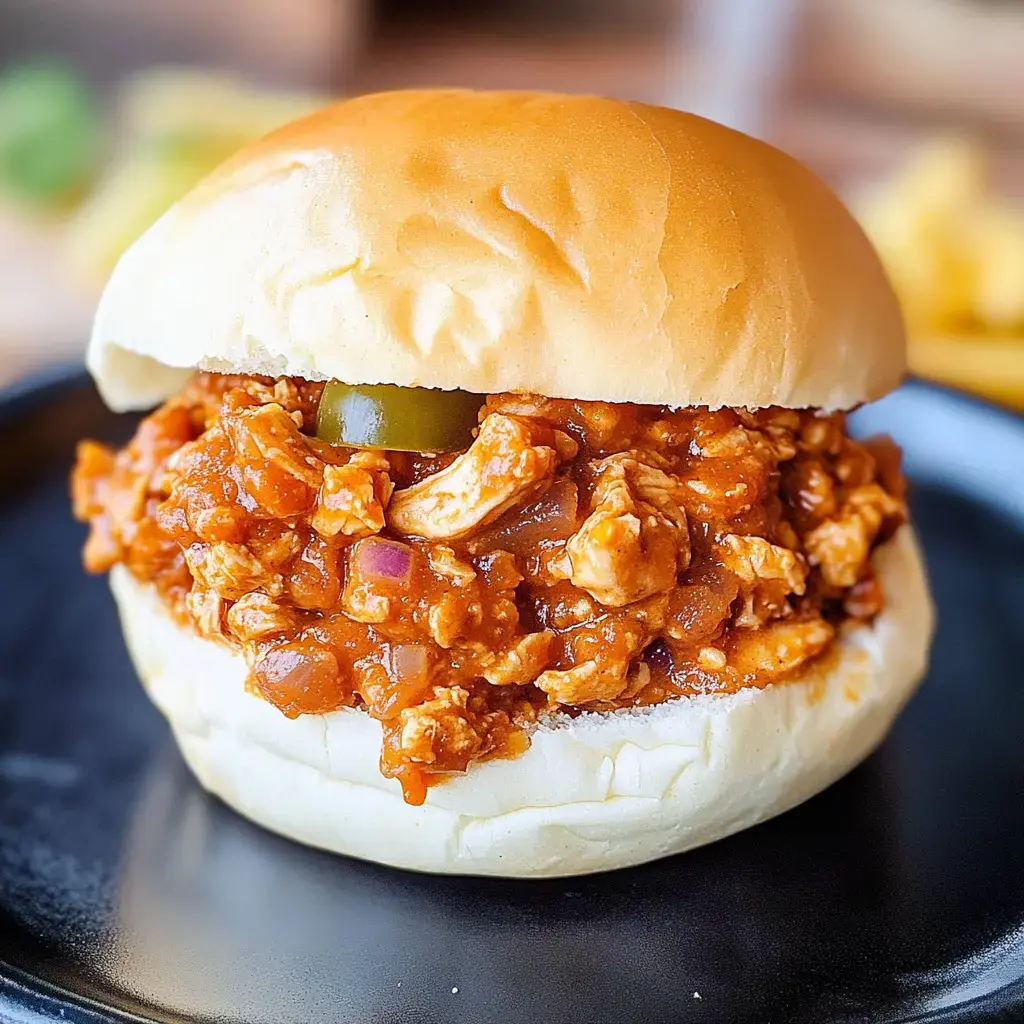 Un primer plano de un pan relleno con una mezcla jugosa de pollo en salsa sabrosa, decorado con pimientos verdes.