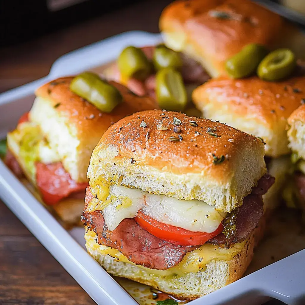 Un primer plano de una bandeja llena de mini sándwiches sabrosos hechos con pan suave, capas de embutidos, queso y adornados con pimientos encurtidos.