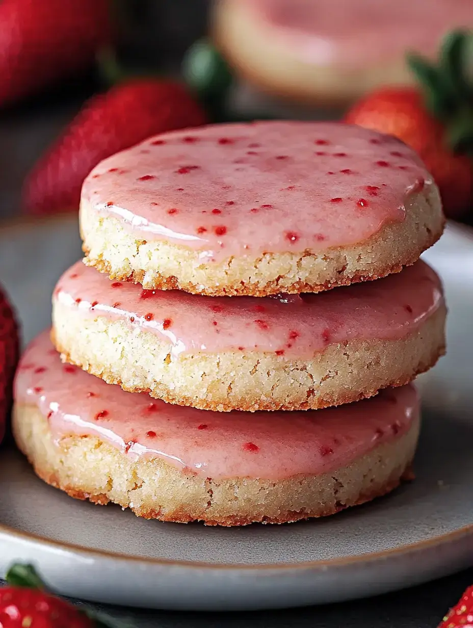 Tres galletas de fresa glaseadas apiladas en un plato, rodeadas de fresas frescas.