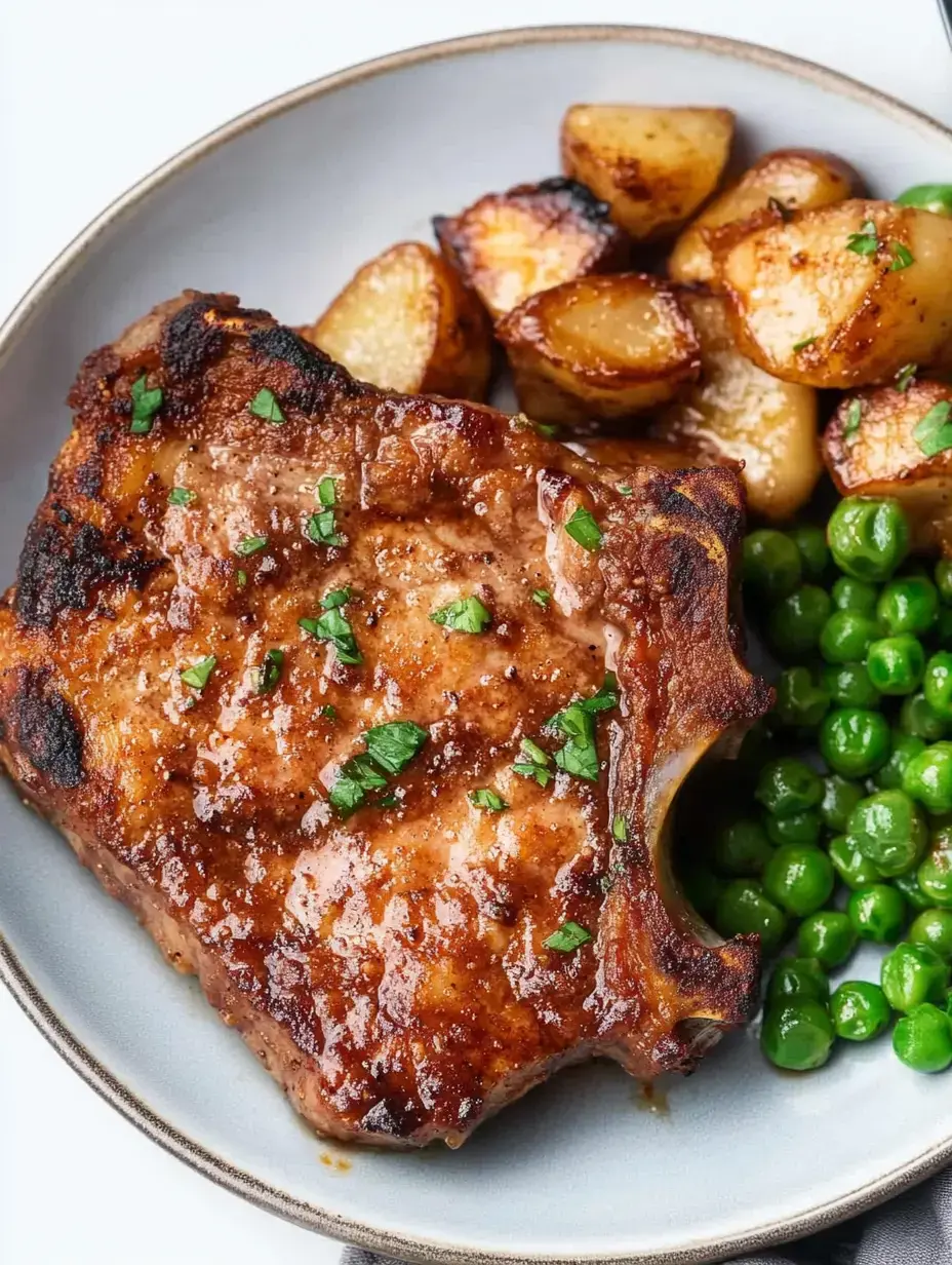 Un plato con chuleta de cerdo a la parrilla decorada con perejil, acompañada de patatas asadas y guisantes.