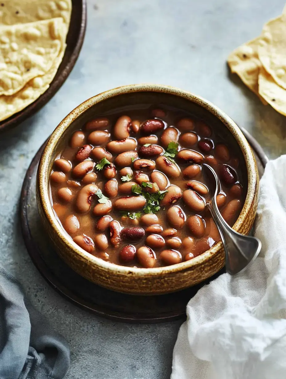 Un plato con frijoles variados en caldo, con cilantro fresco por encima y unas tortillas dobladas al lado.