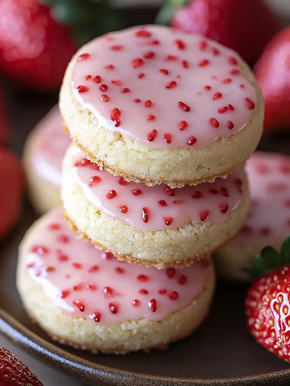 Un plato con galletas apiladas cubiertas de glaseado rosa y chispas rojas, rodeadas de fresas frescas.