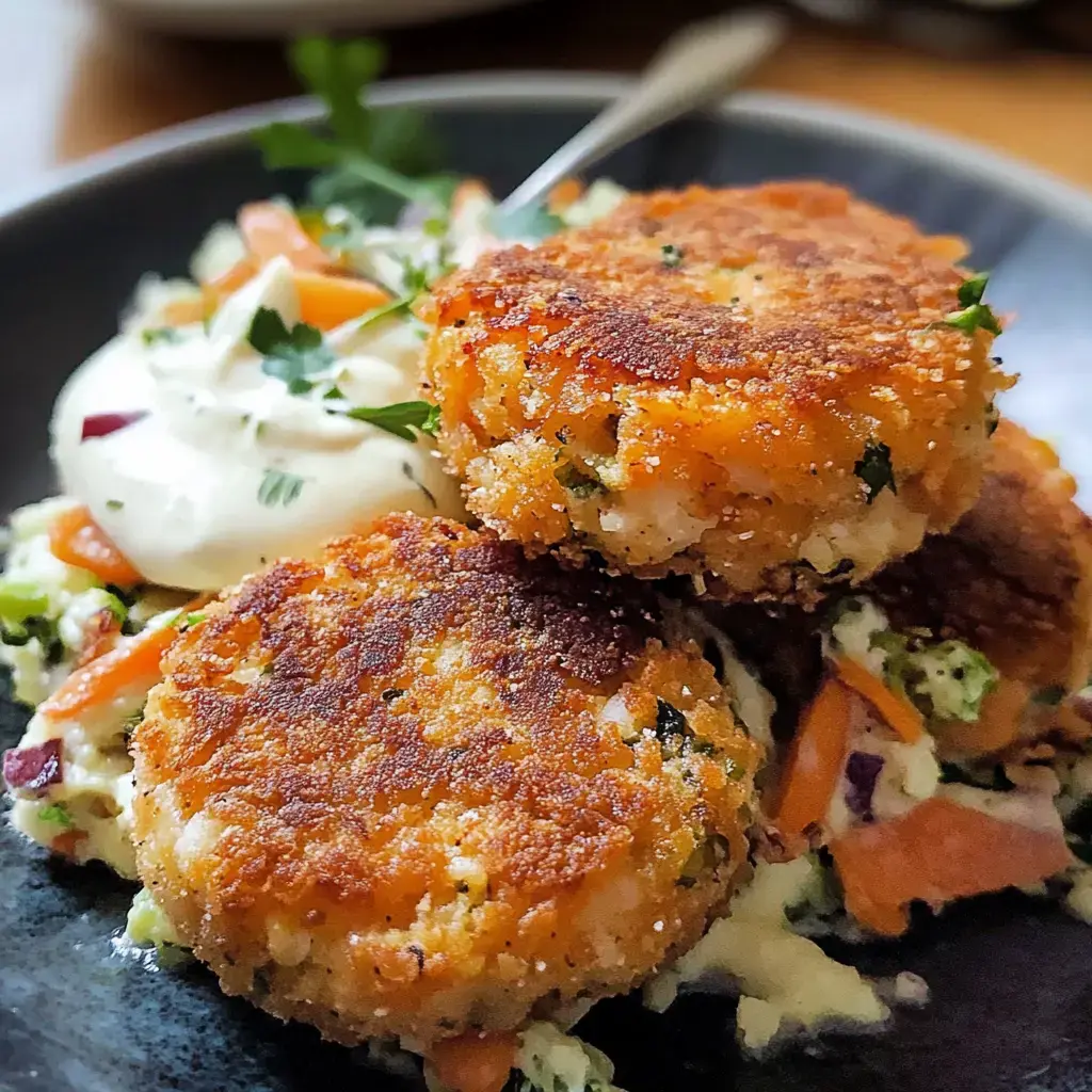 Tres tortitas de pescado doraditas sobre ensalada cremosa de col y una cucharada de salsa.