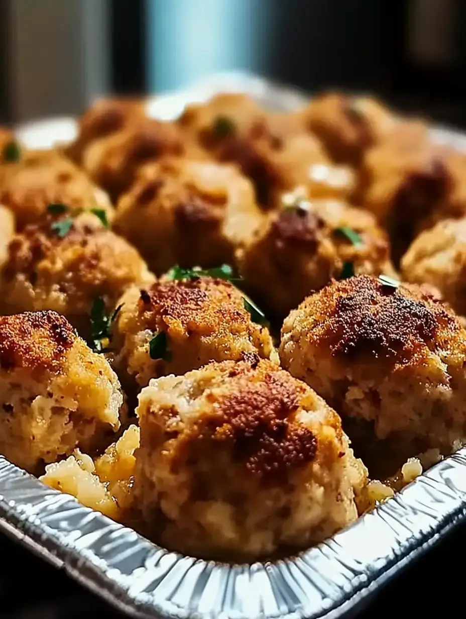 Bolitas doradas de pan con perejil encima en una bandeja de aluminio.