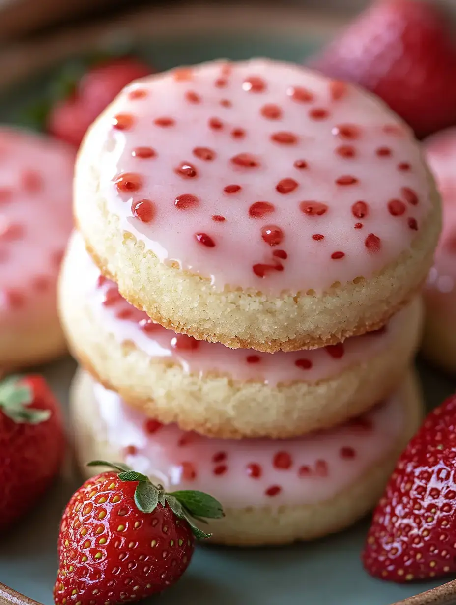 Tres galletas redondas apiladas con glaseado rosa y puntos rojos encima, rodeadas de fresas frescas.