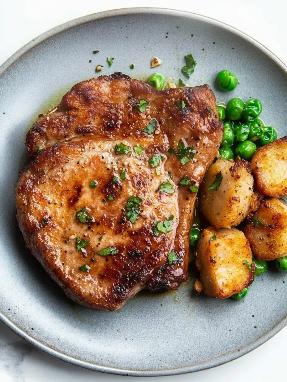 Plato con chuleta de cerdo cocida, decorada con hierbas picadas, acompañada de guisantes y patatas asadas doradas.