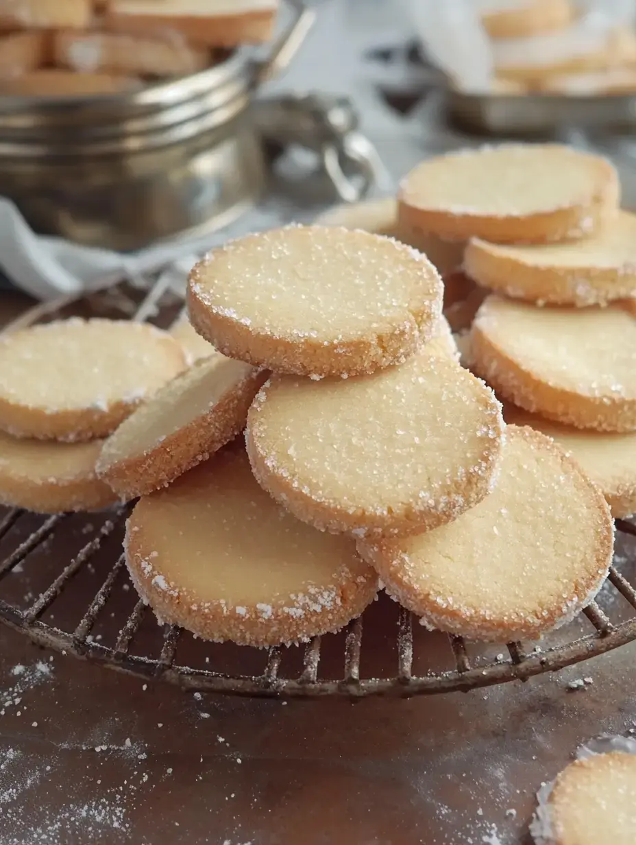 Un montón de galletas redondas con azúcar encima sobre una rejilla.