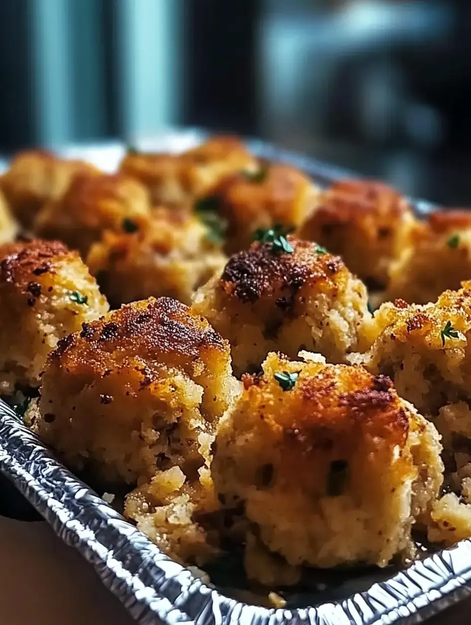 Vista de cerca a bolitas crujientes y doradas de relleno con hierbas en bandeja de aluminio.