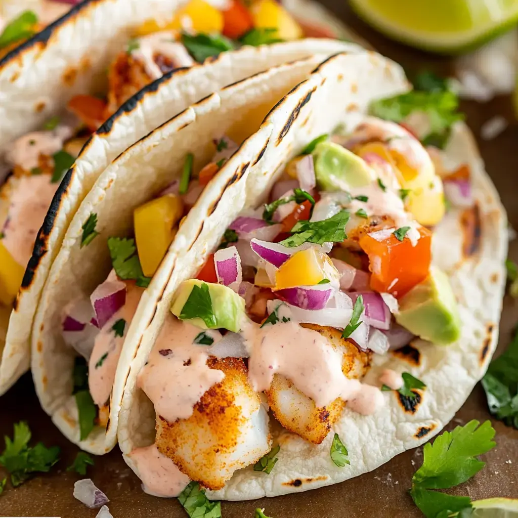 Tres tacos suaves, rellenos de pescado especiado, verduras frescas y un chorrito de salsa, decorados con cilantro y servidos sobre una tabla de madera.